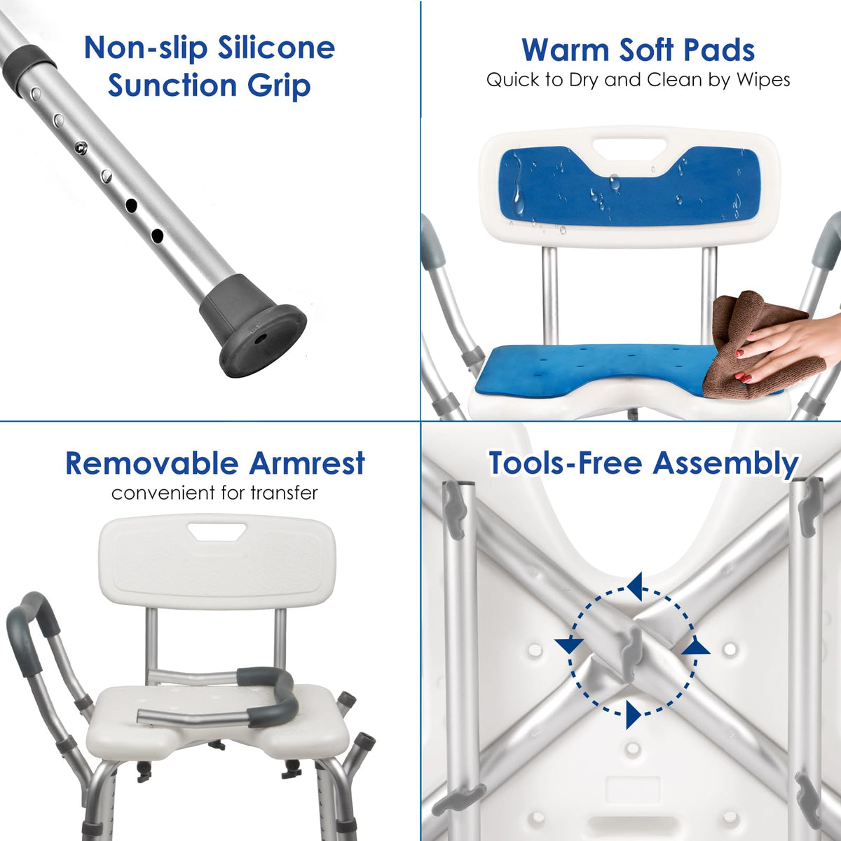 Extra Wide Padded Armrests Shower Chair, 500lbs Capacity, Aluminum N160598