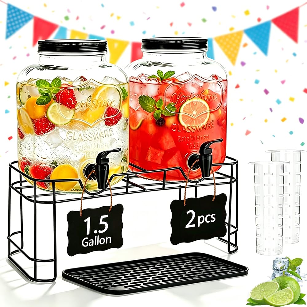 2 Pack 1.5 Gallon Glass Beverage Dispenser with Stand O479479