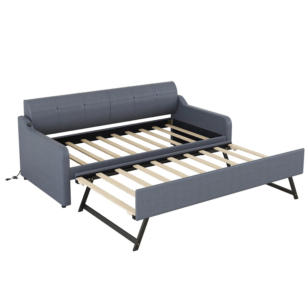 Twin Upholstered Linen Daybed with Pop Up Trundle B180943