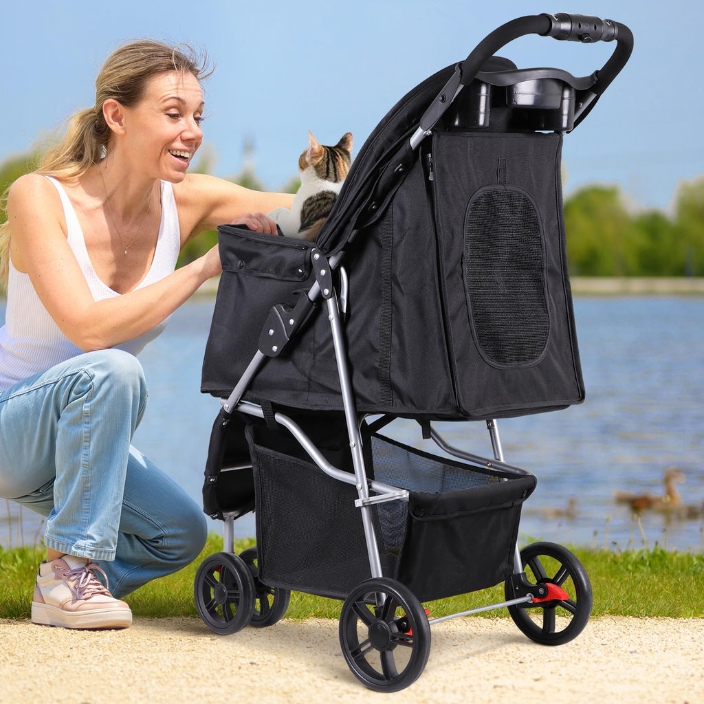 Foldable Pet Stroller with Weather Cover, Storage Basket and Cup Holder D19724