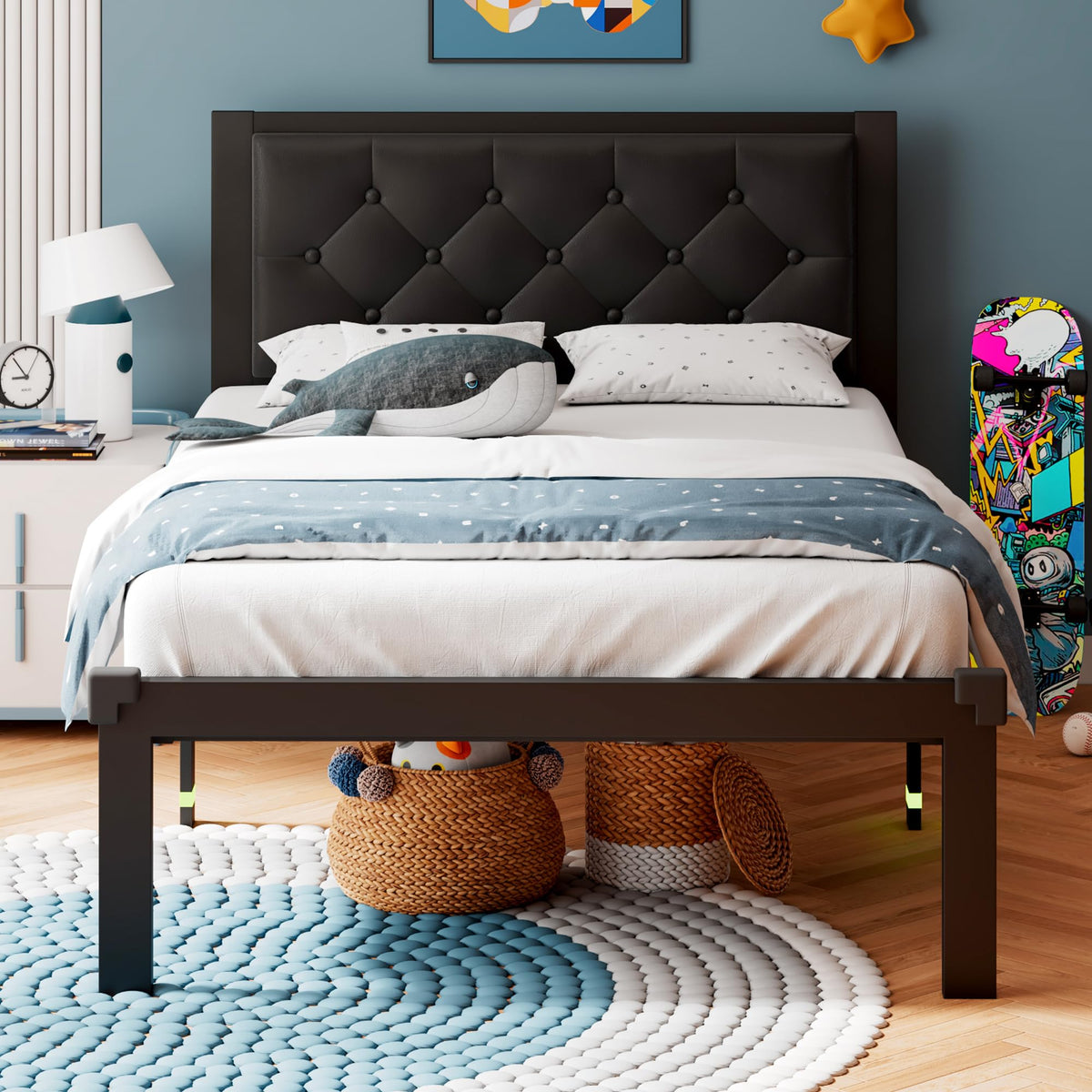 Twin Size Black Metal Platform Bed Frame with Faux Leather Button Tufted Headboard V63308