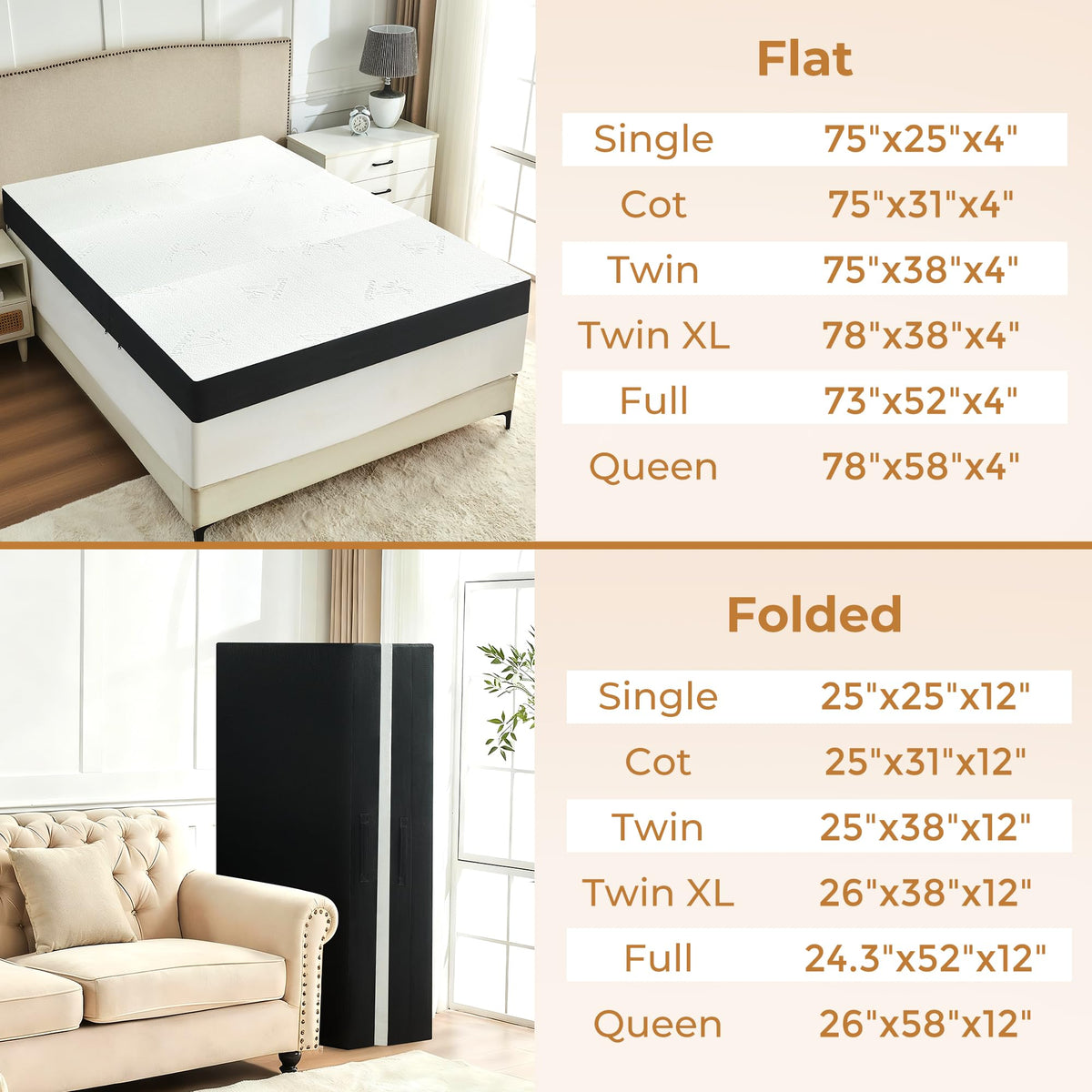 4 Inch Full Size Foldable Memory Foam Trifold Mattress L8577