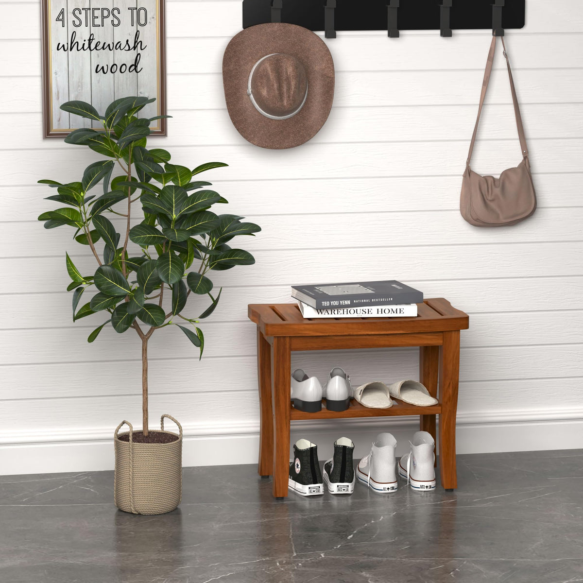 Teak Shower Bench Stool with Storage Shelf O127229