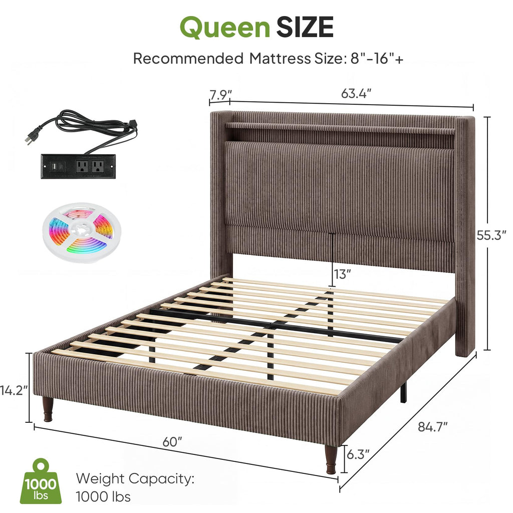 Queen Size Corduroy Upholstered Bed Frame Y4299