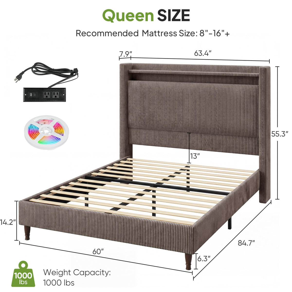 Queen Size Corduroy Upholstered Bed Frame Y4299