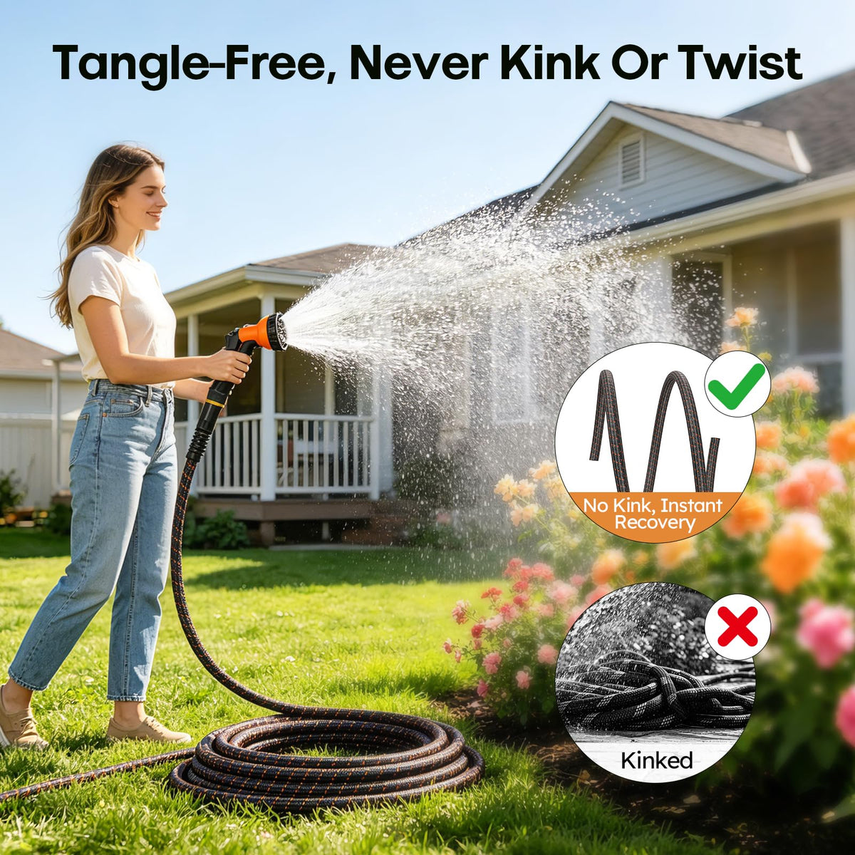 3/4" Flexible Non-Expandable Garden Hose with 10 Function Nozzle, 100ft O786