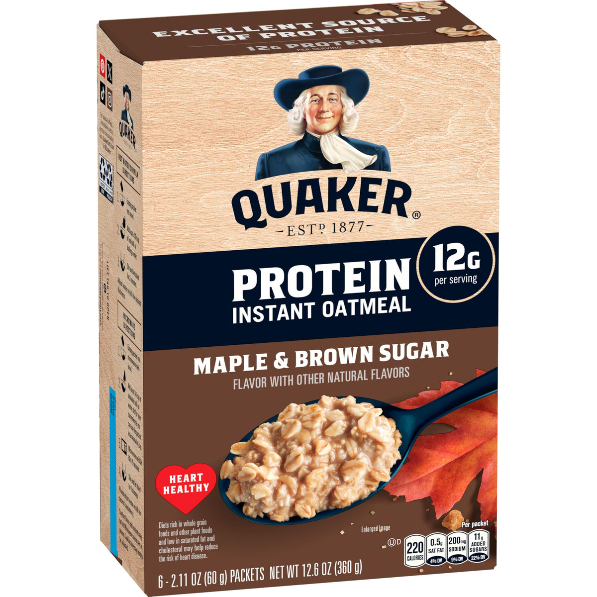 Instant Oatmeal, Maple Brown Sugar, 12g Protein, 2.11 oz Packets, 6 Pack Q775690