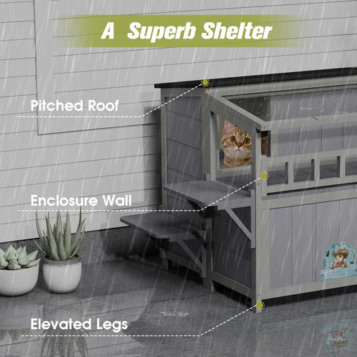 2-Tier Weatherproof Wooden Outdoor Cat House O88818