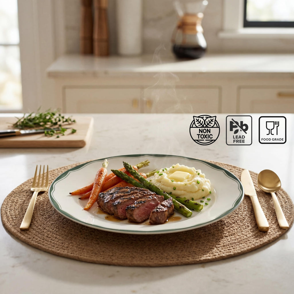12-Piece Porcelain Dinnerware Set for 4, White & Sage Green Plates and Bowls Set P8416