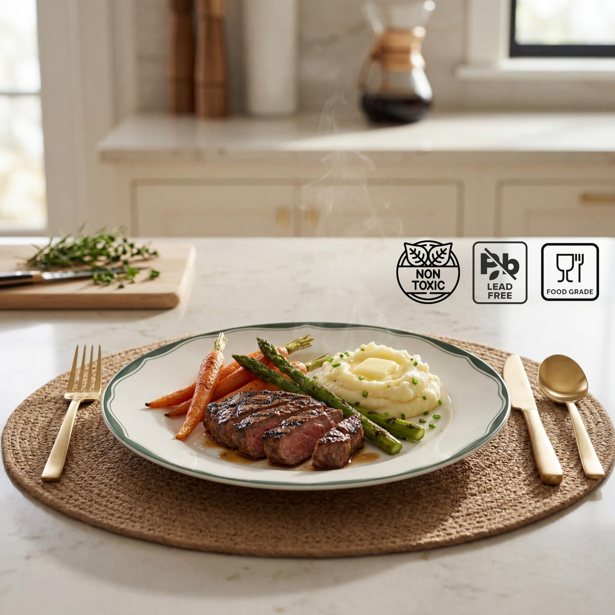 12-Piece Porcelain Dinnerware Set for 4, White & Sage Green Plates and Bowls Set P8416