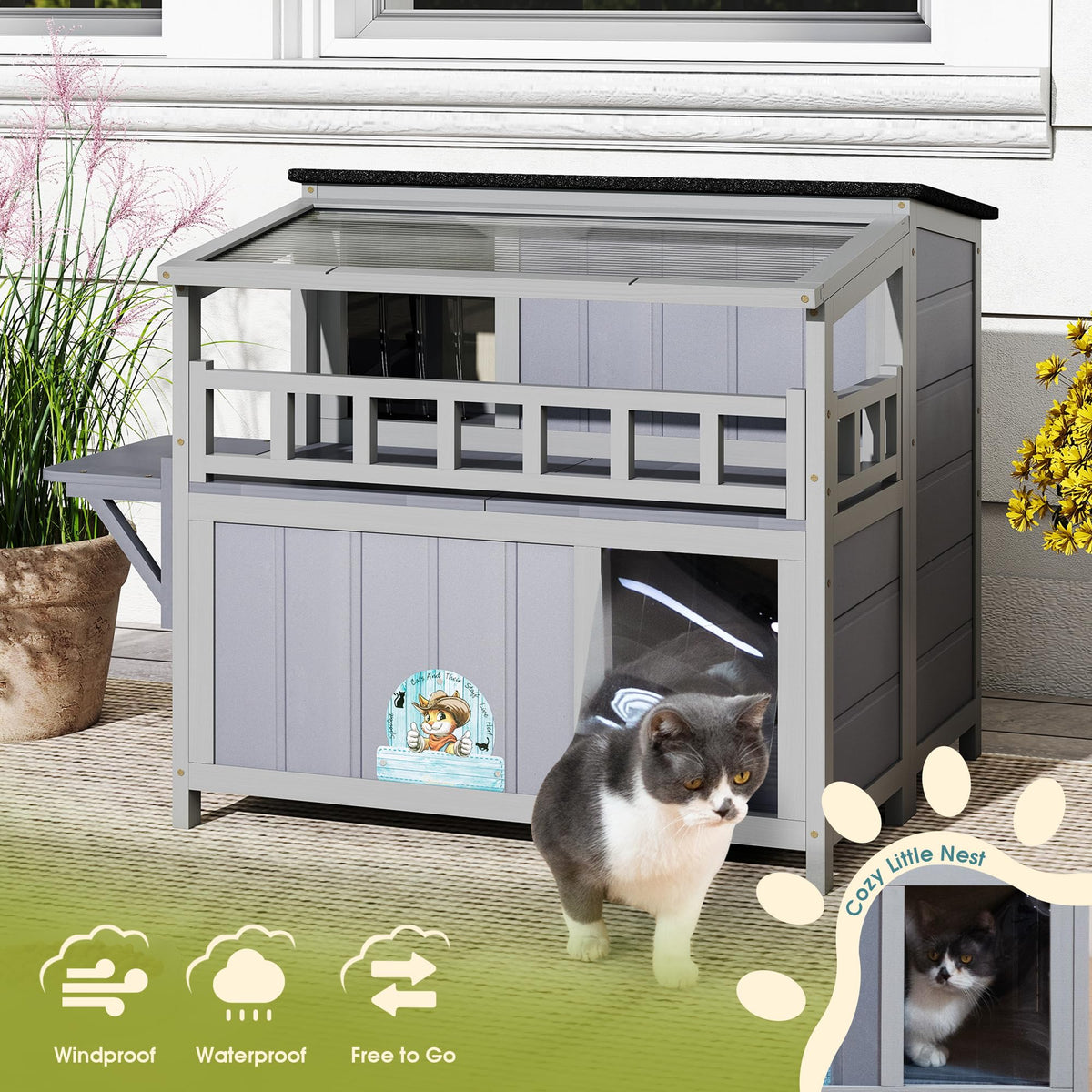 2-Tier Weatherproof Wooden Outdoor Cat House O88818