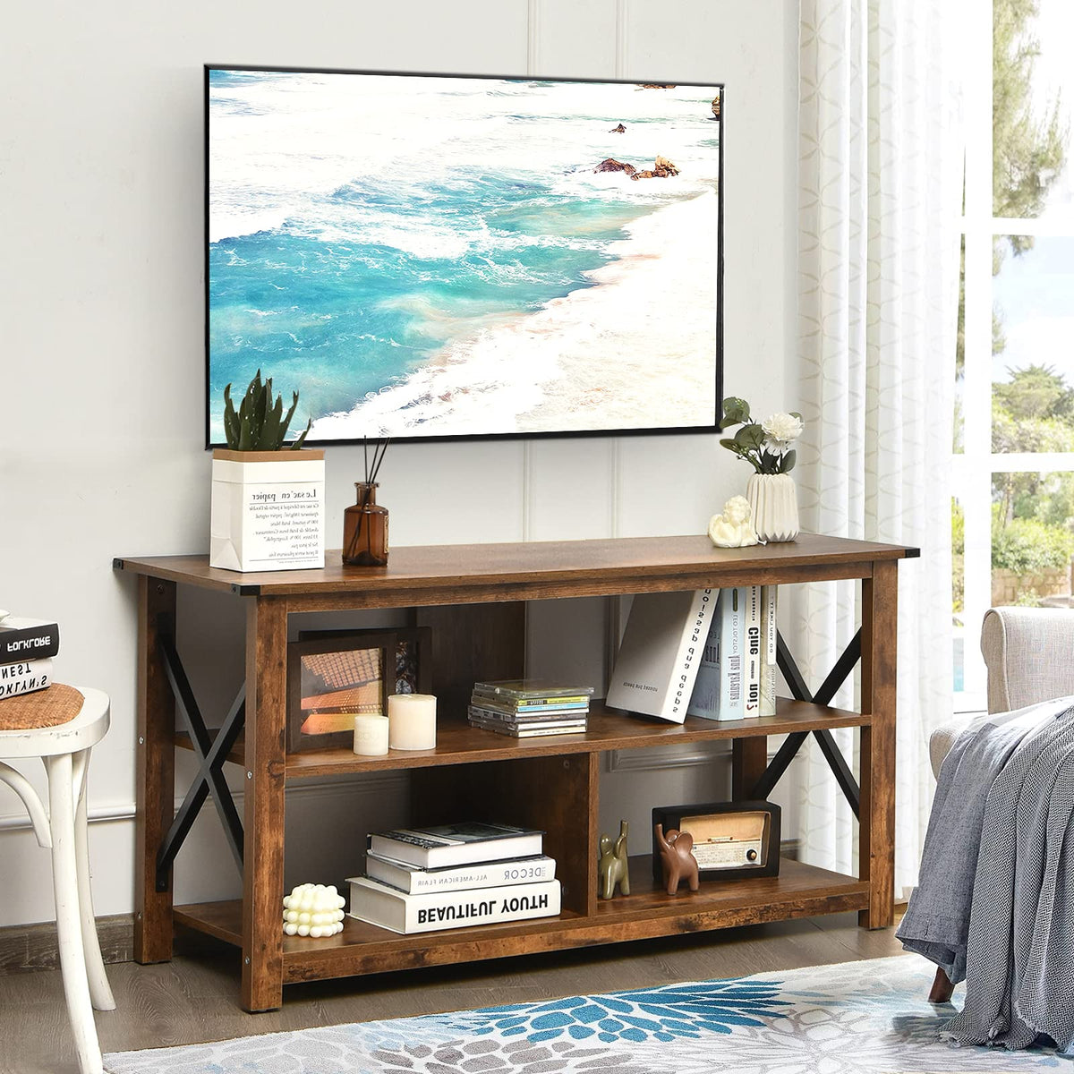 Brown 3 Tier Wood TV Stand with Open Shelves U19936