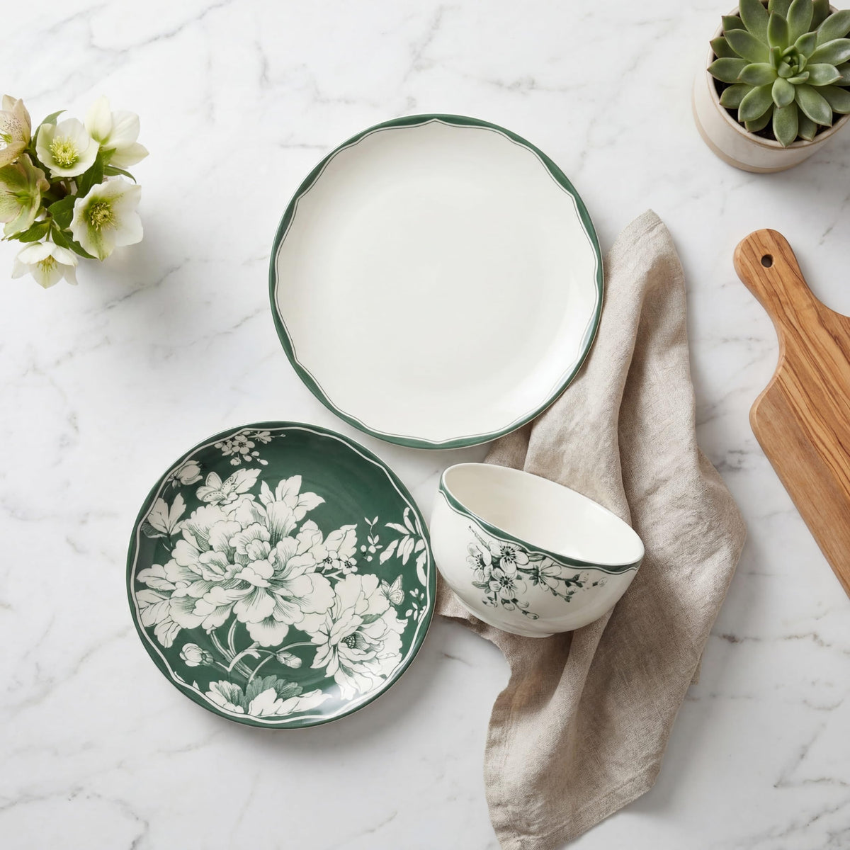 12-Piece Porcelain Dinnerware Set for 4, White & Sage Green Plates and Bowls Set P8416