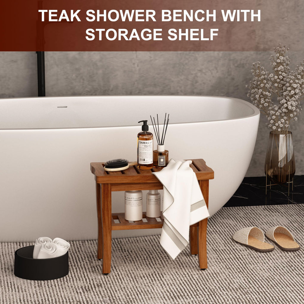 Teak Shower Bench Stool with Storage Shelf O127229