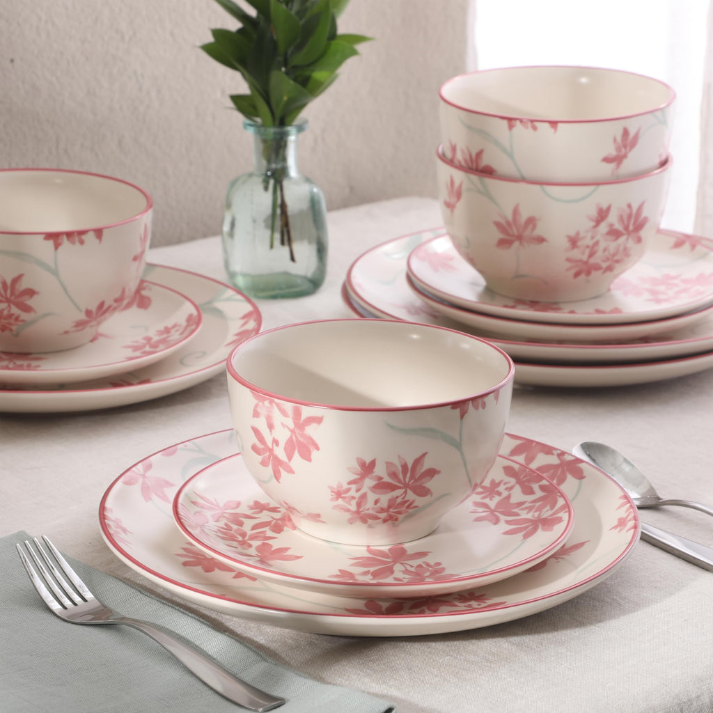 12-Piece Matte Stoneware Dinnerware Set with Pink Floral Pattern X222