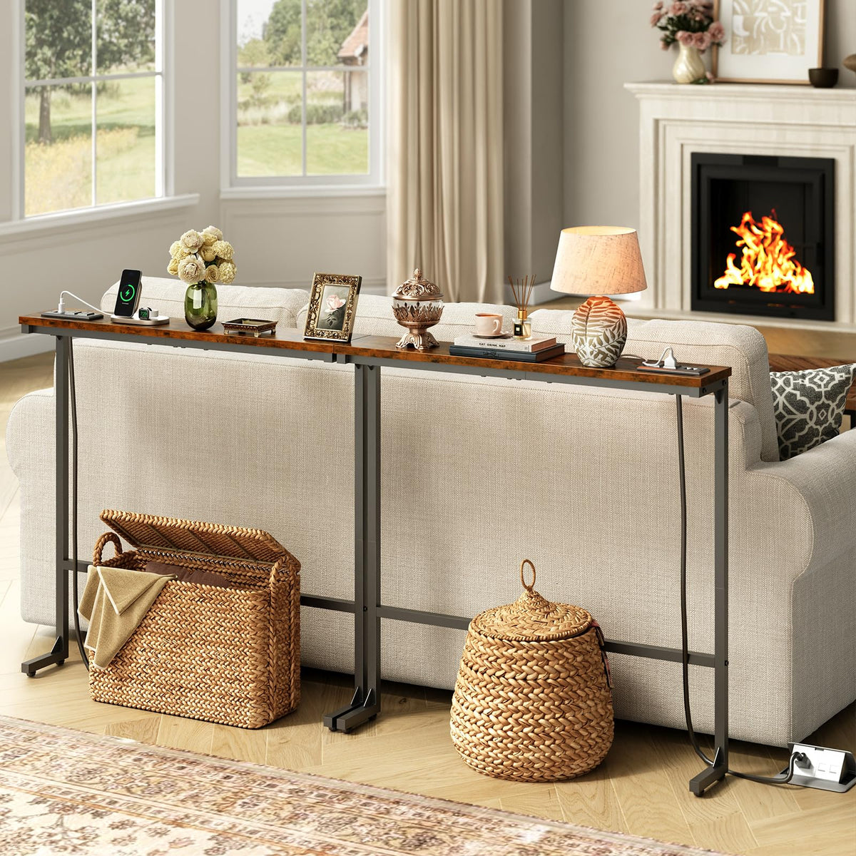 63 Inch Narrow Console Table with 2 Power Outlets R93833