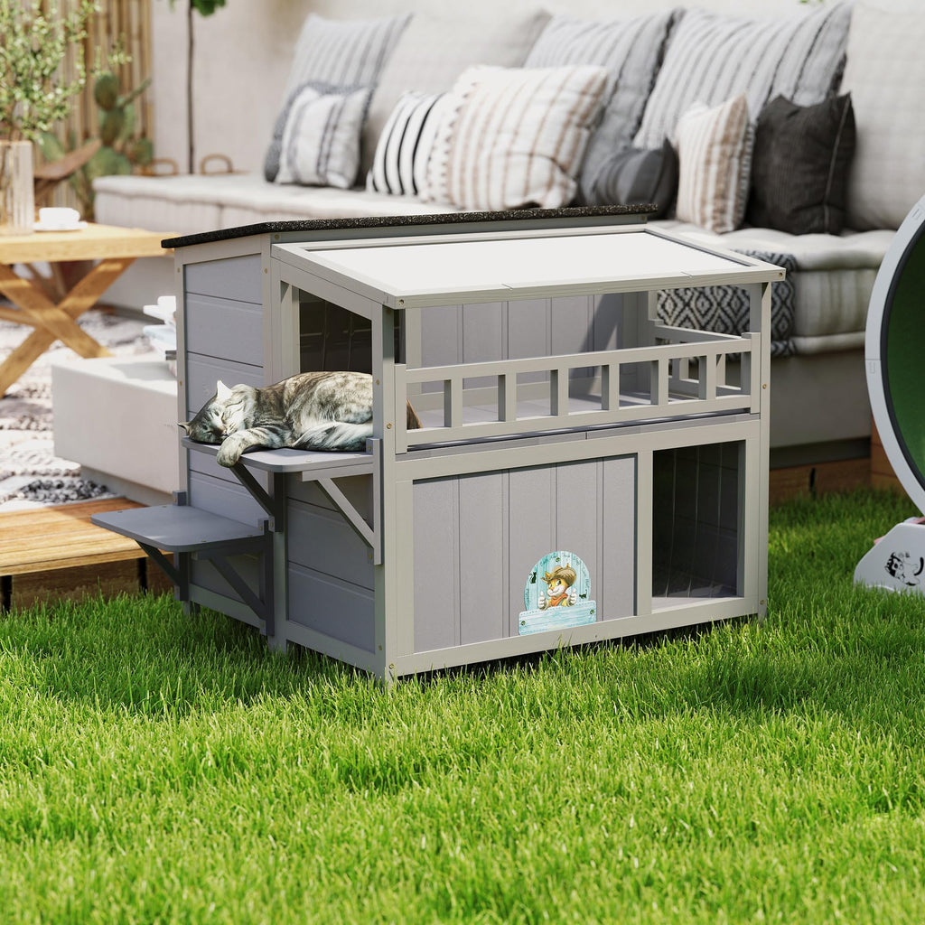 2-Tier Weatherproof Wooden Outdoor Cat House O88818