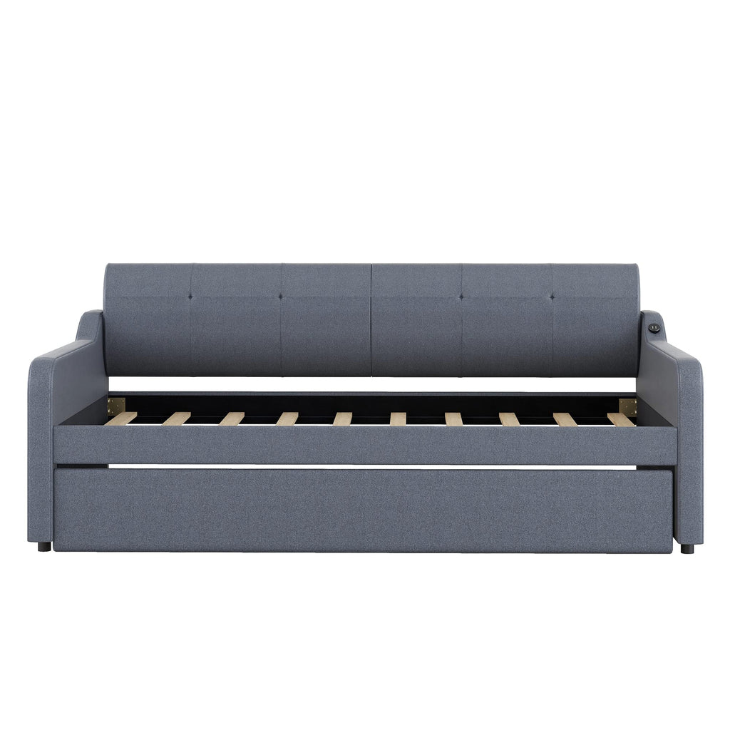 Twin Upholstered Linen Daybed with Pop Up Trundle B180943