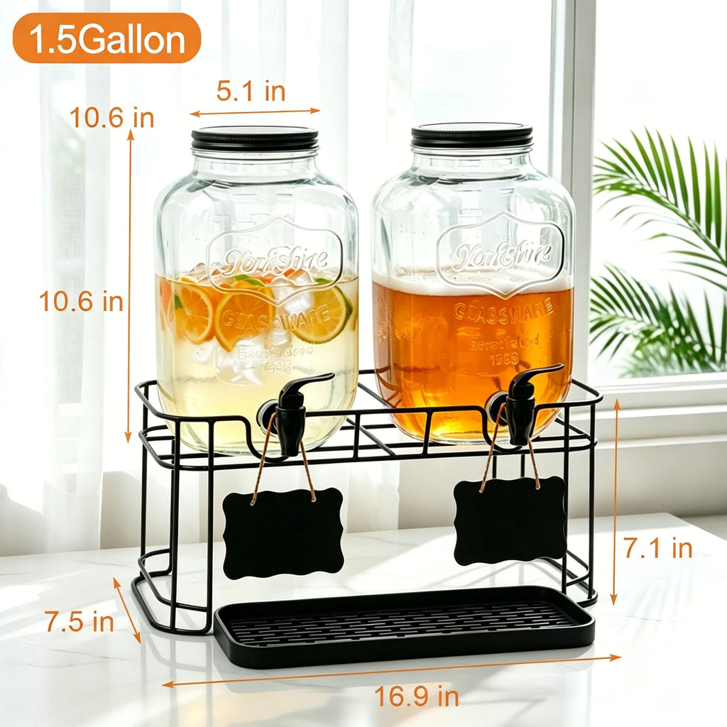 2 Pack 1.5 Gallon Glass Beverage Dispenser with Stand O479479
