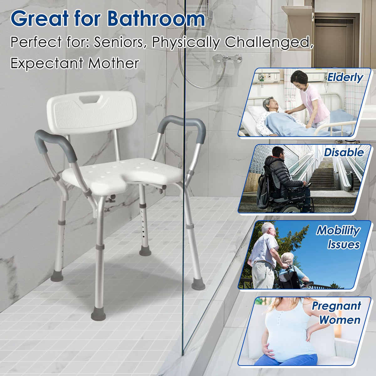 Extra Wide Padded Armrests Shower Chair, 500lbs Capacity, Aluminum N160598