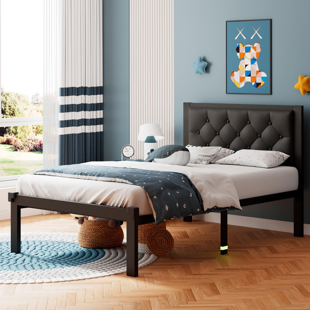 Twin Size Black Metal Platform Bed Frame with Faux Leather Button Tufted Headboard V63308