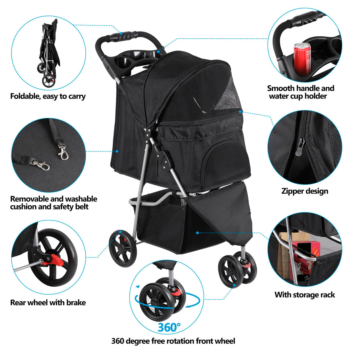 Foldable Pet Stroller with Weather Cover, Storage Basket and Cup Holder D19724