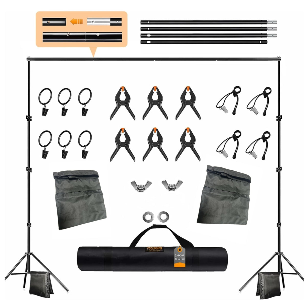 8.5 x 10ft Adjustable Backdrop Stand Support Kit with Sandbag, Clamp and Carry Bag B2865