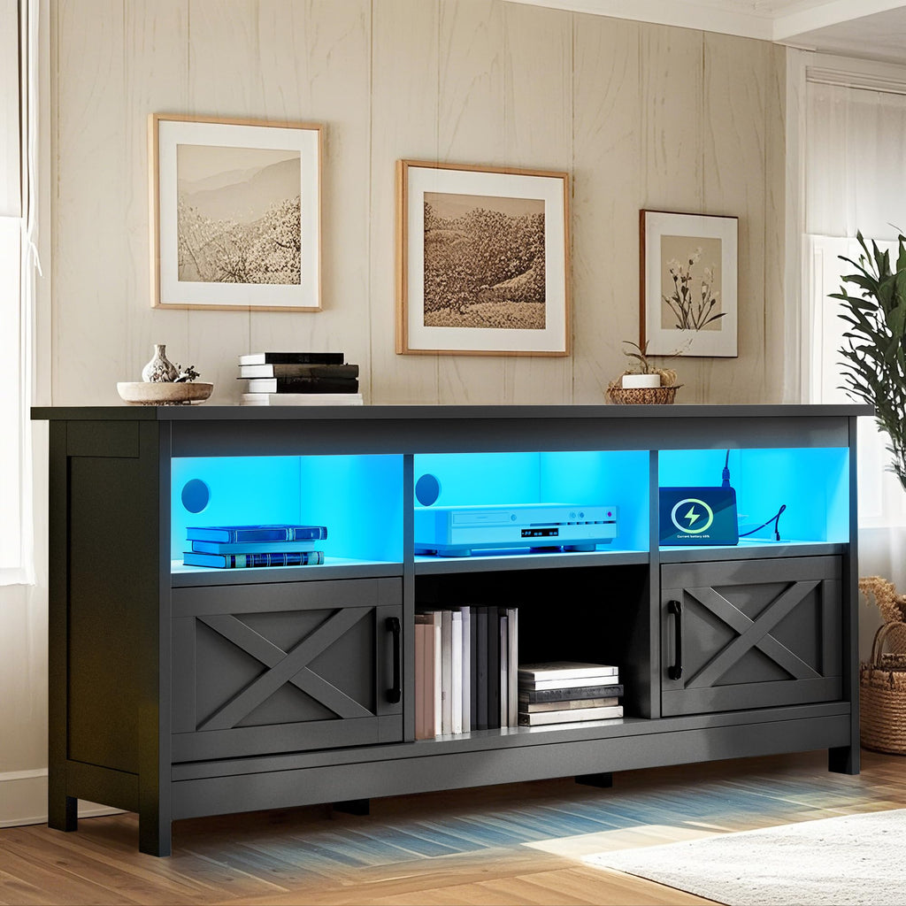 Black TV Stand with Power Outlet and LED Light I89603