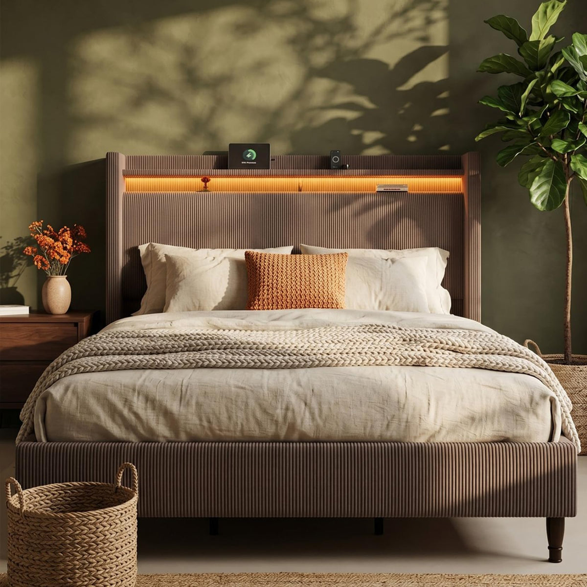 Queen Size Corduroy Upholstered Bed Frame Y4299