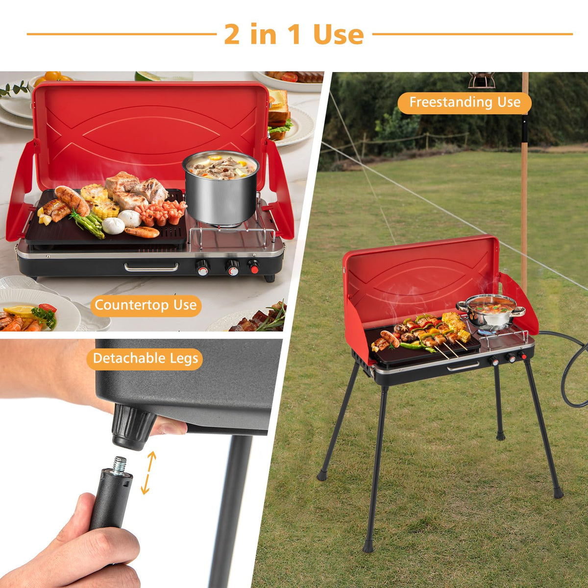 Portable Gas Grill 20000 BTU Camping Stove Burner with 2 Cooking Area Red E12715