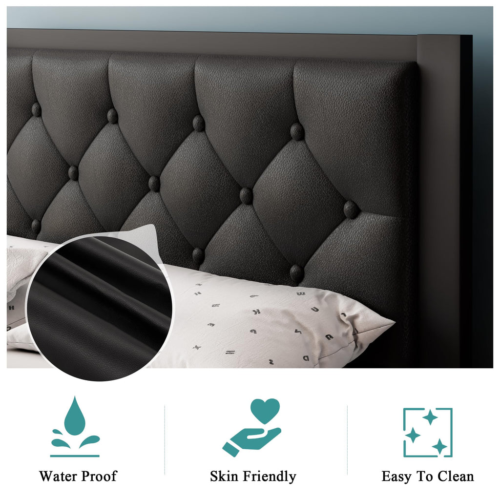 Twin Size Black Metal Platform Bed Frame with Faux Leather Button Tufted Headboard V63308