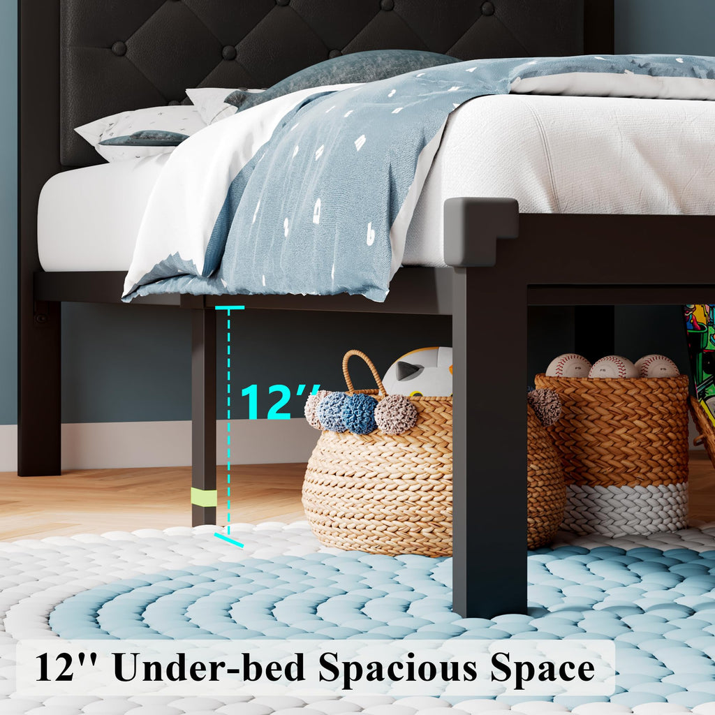 Twin Size Black Metal Platform Bed Frame with Faux Leather Button Tufted Headboard V63308