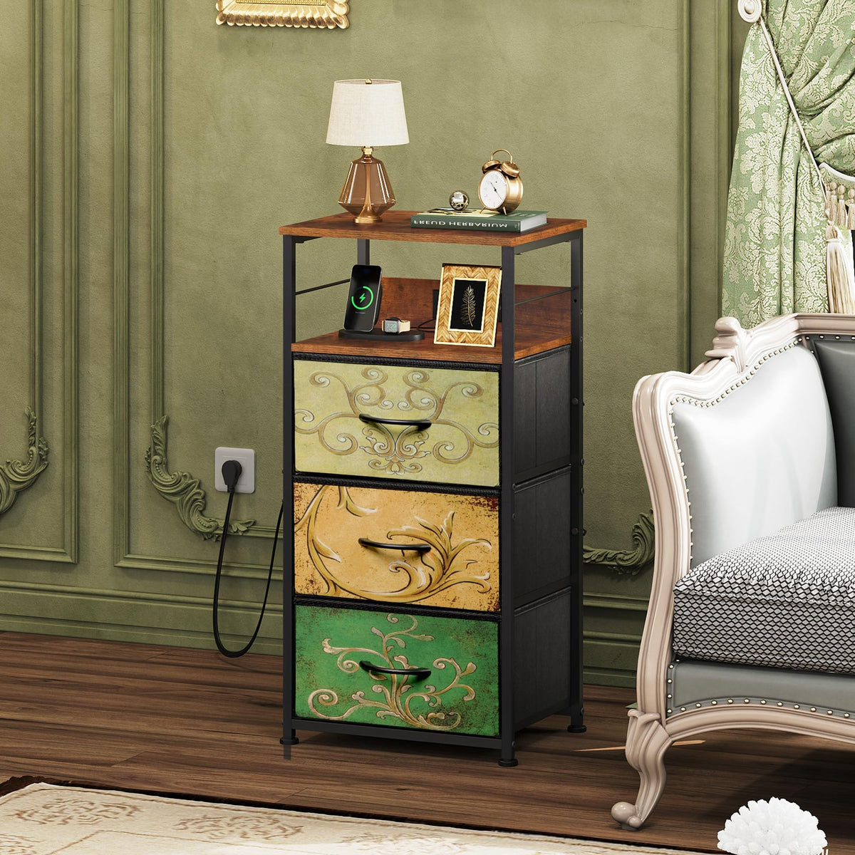 Night Stand with Charging Station, 3 Drawer Bedside Table Z9819
