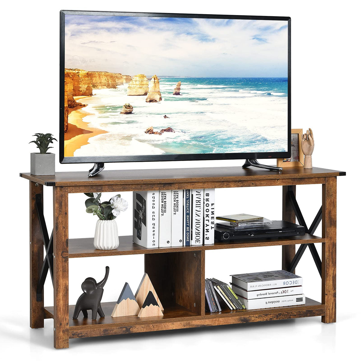 Brown 3 Tier Wood TV Stand with Open Shelves U19936