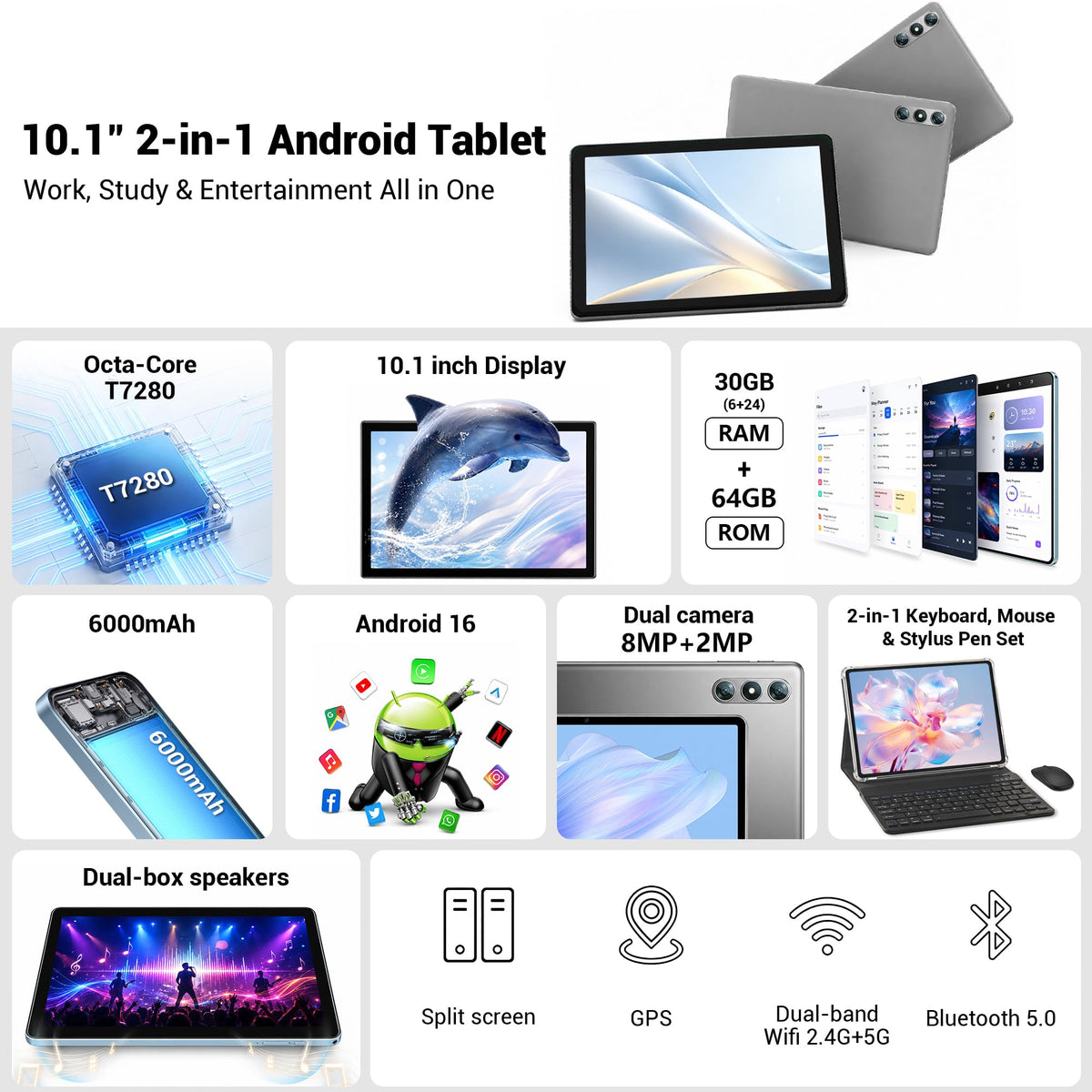10.1" Android 16 Tablet with Keyboard, 30GB RAM 64GB ROM, Gray O6864