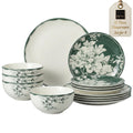 12-Piece Porcelain Dinnerware Set for 4, White & Sage Green Plates and Bowls Set P8416