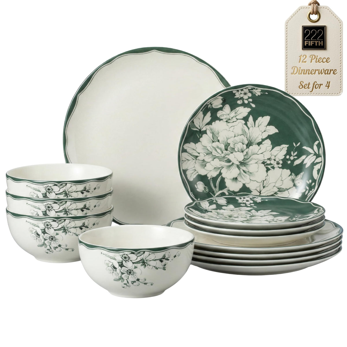 12-Piece Porcelain Dinnerware Set for 4, White & Sage Green Plates and Bowls Set P8416