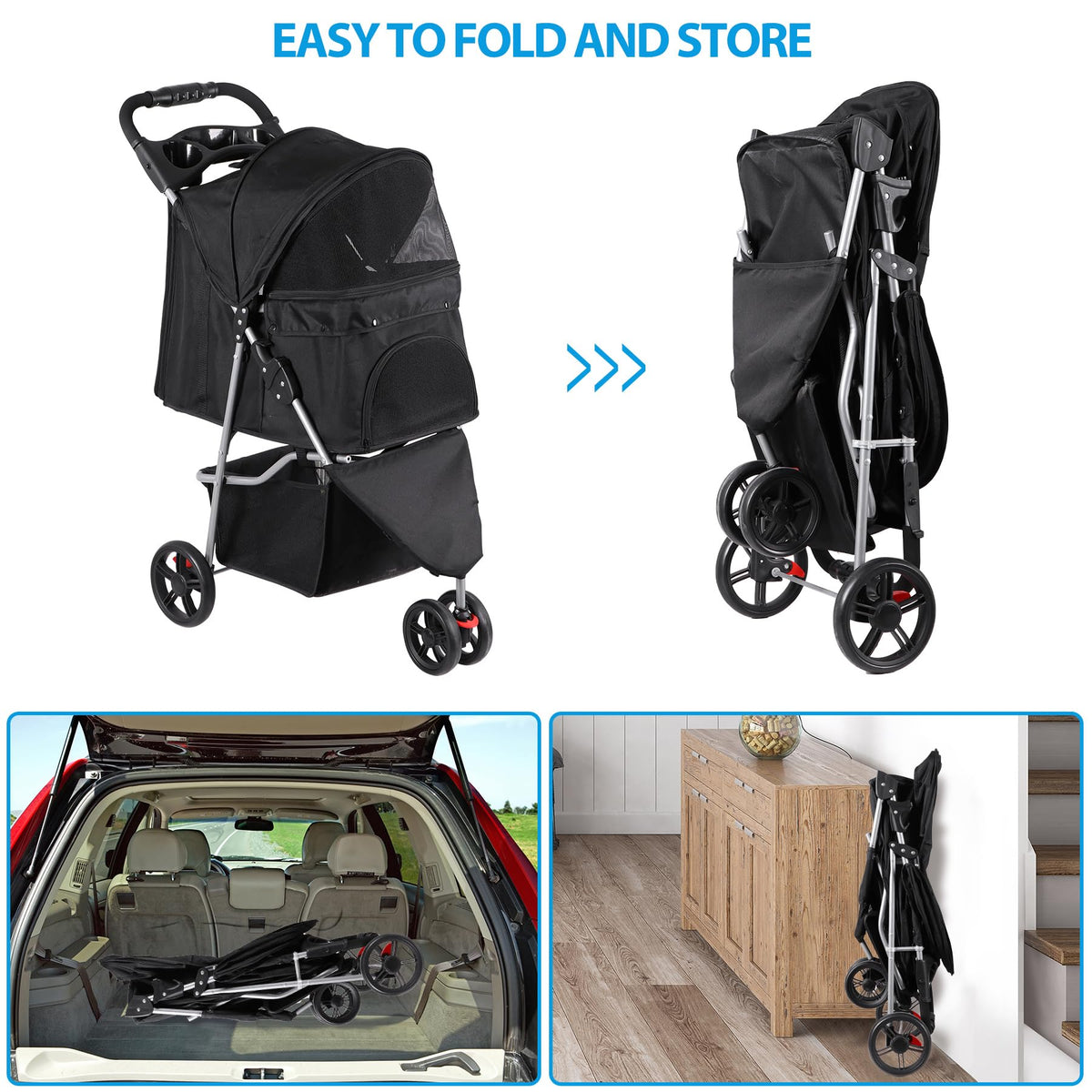 Foldable Pet Stroller with Weather Cover, Storage Basket and Cup Holder D19724