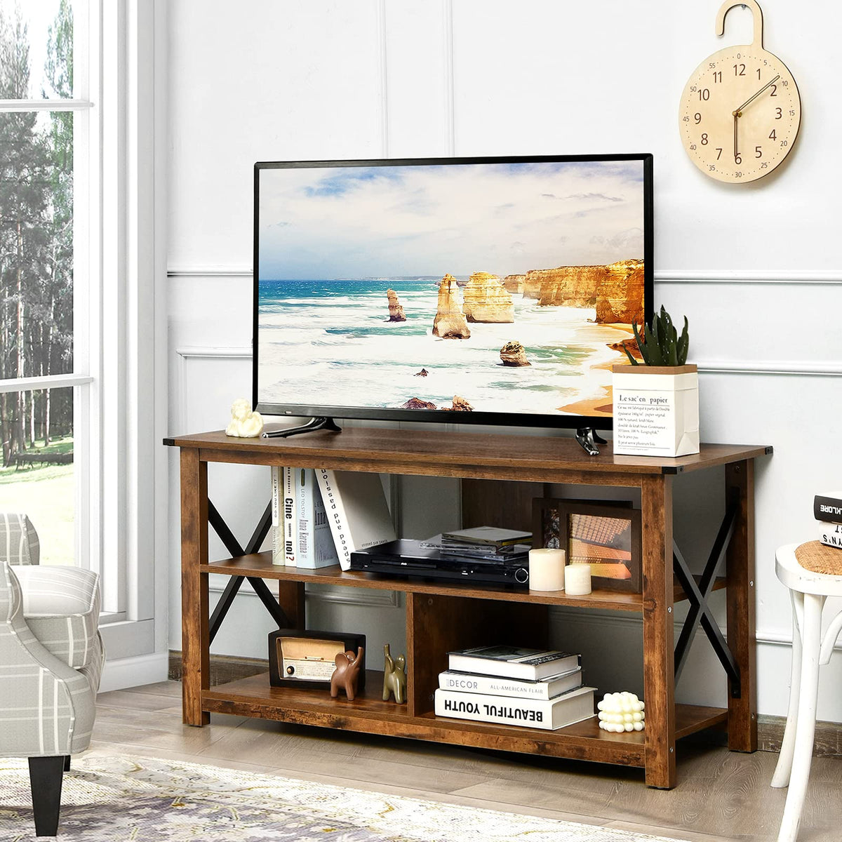 Brown 3 Tier Wood TV Stand with Open Shelves U19936