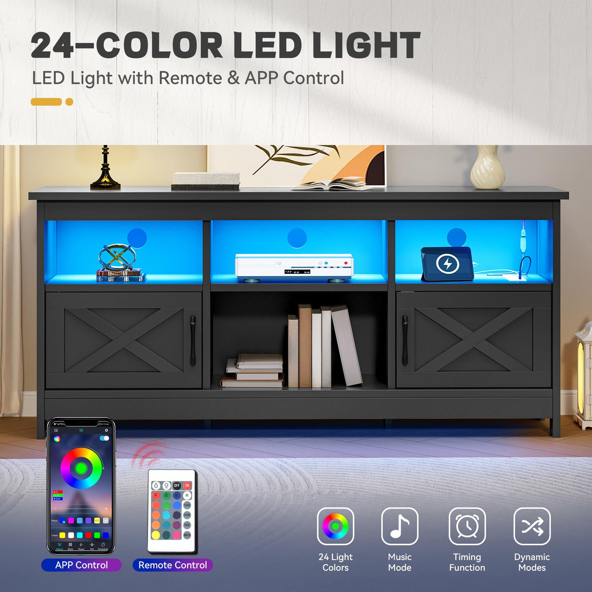 Black TV Stand with Power Outlet and LED Light I89603