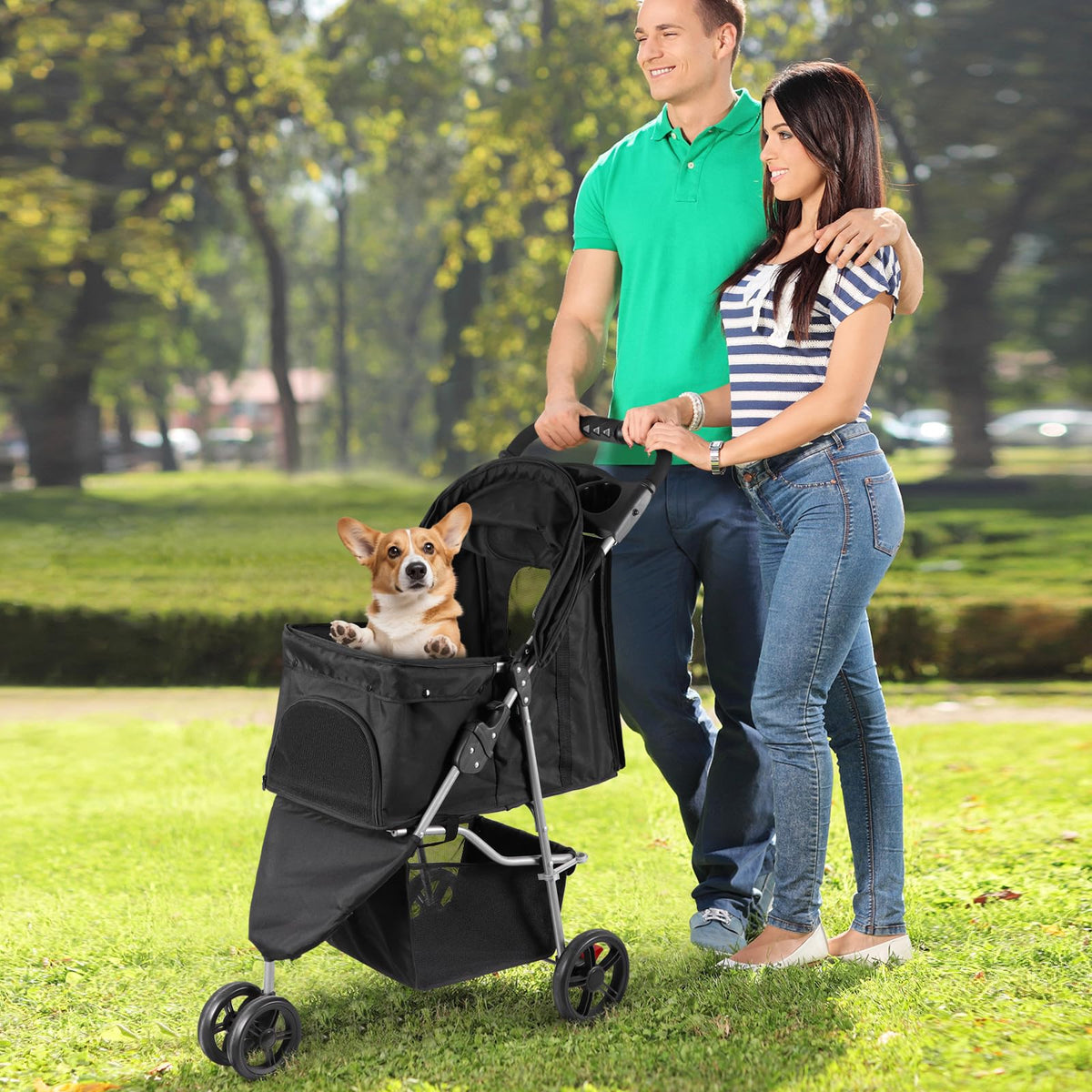 Foldable Pet Stroller with Weather Cover, Storage Basket and Cup Holder D19724