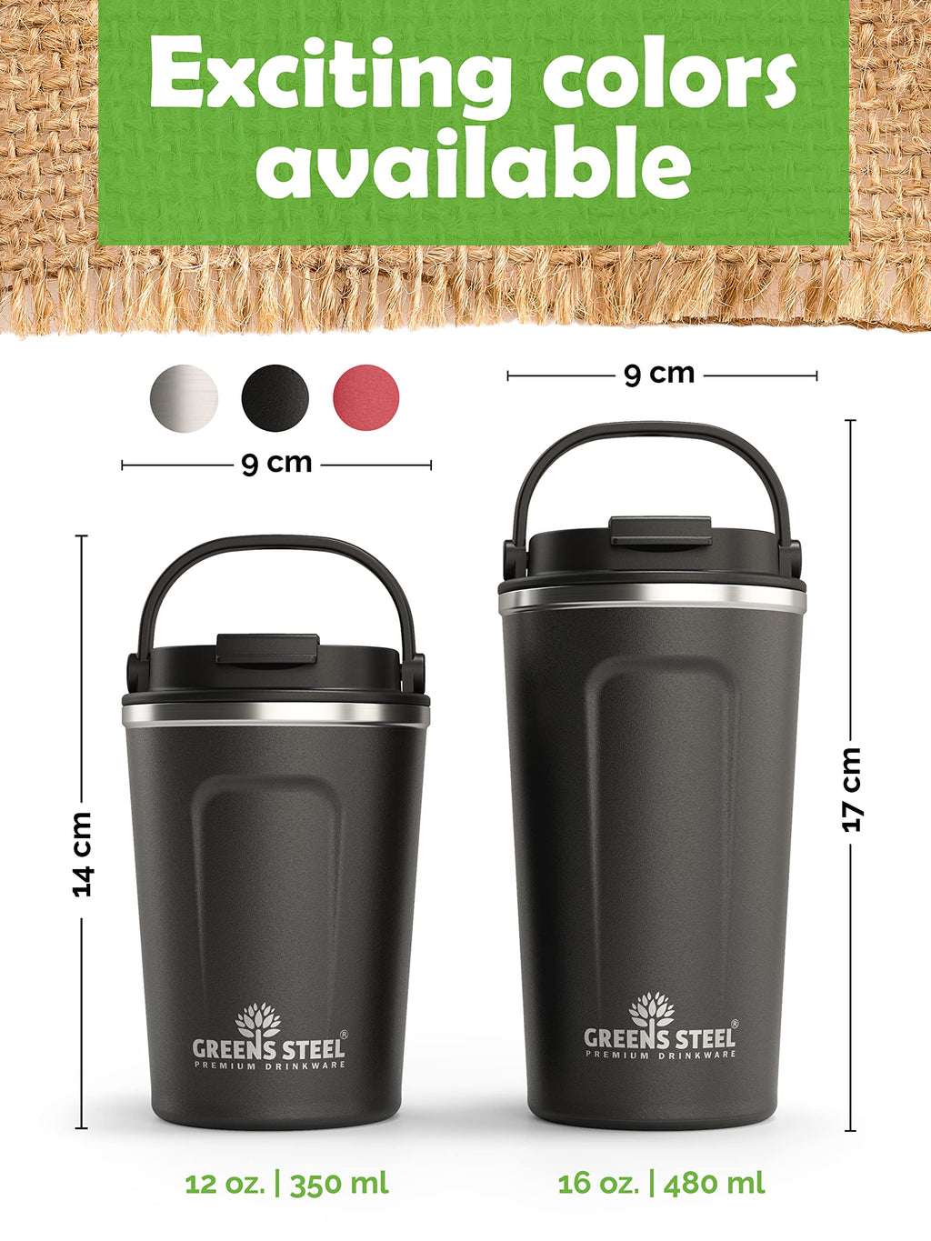 16 oz Black Stainless Steel Insulated Coffee Cup with Lid and Handle D765020
