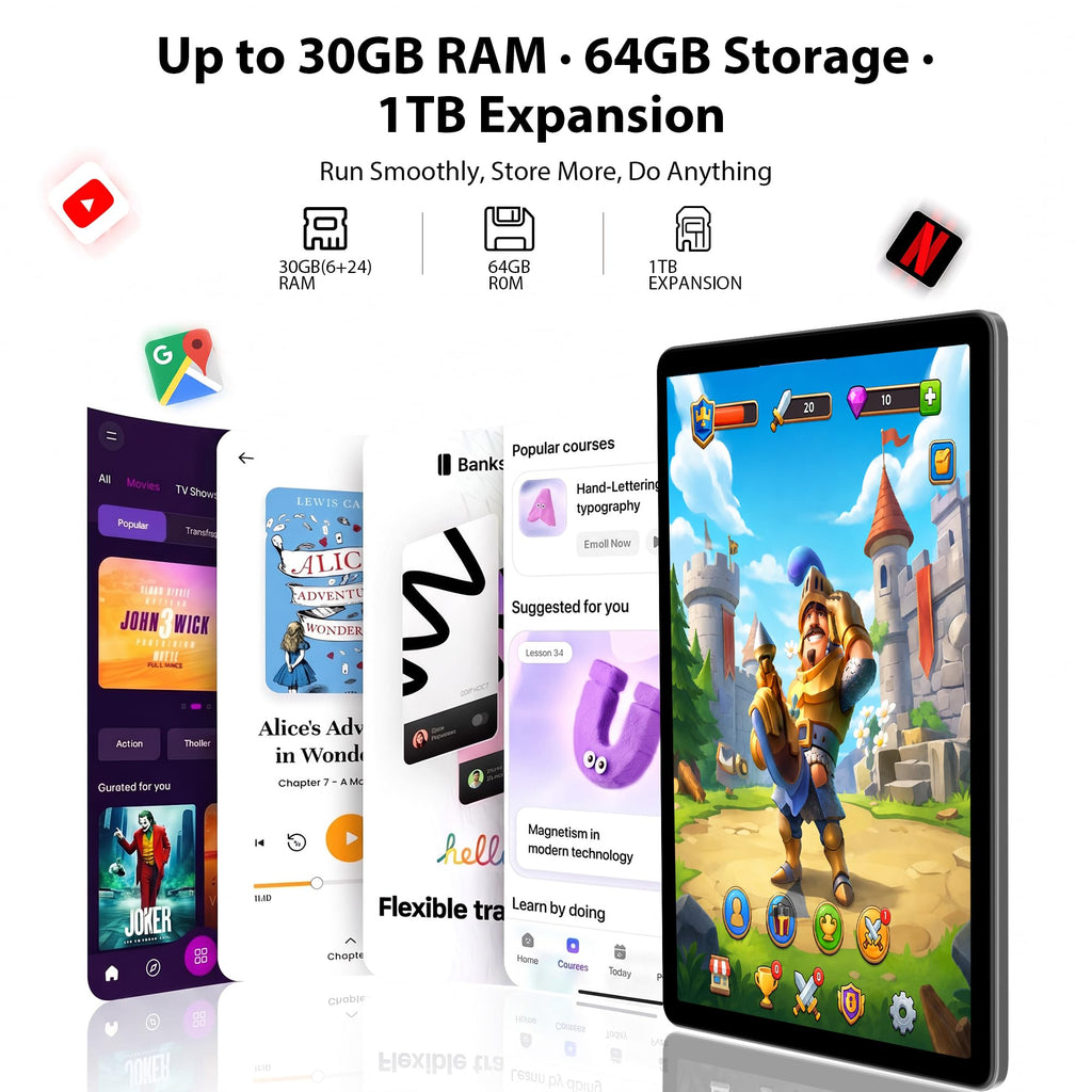 10.1" Android 16 Tablet with Keyboard, 30GB RAM 64GB ROM, Gray O6864