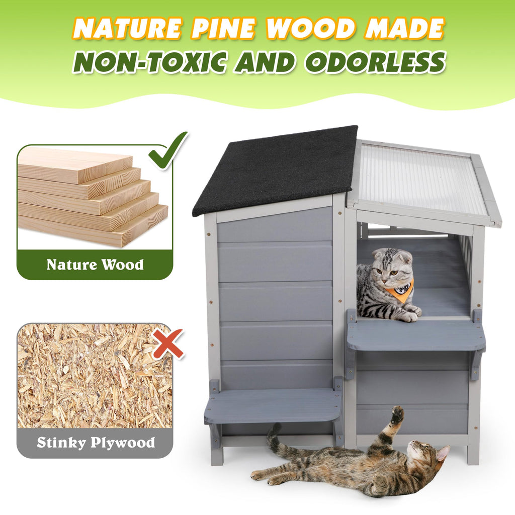 2-Tier Weatherproof Wooden Outdoor Cat House O88818