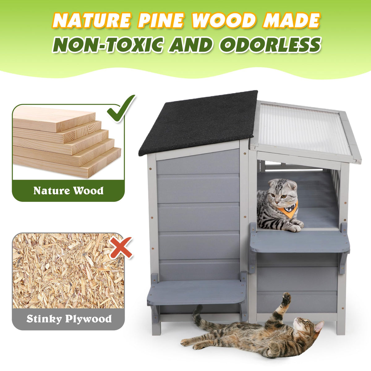 2-Tier Weatherproof Wooden Outdoor Cat House O88818
