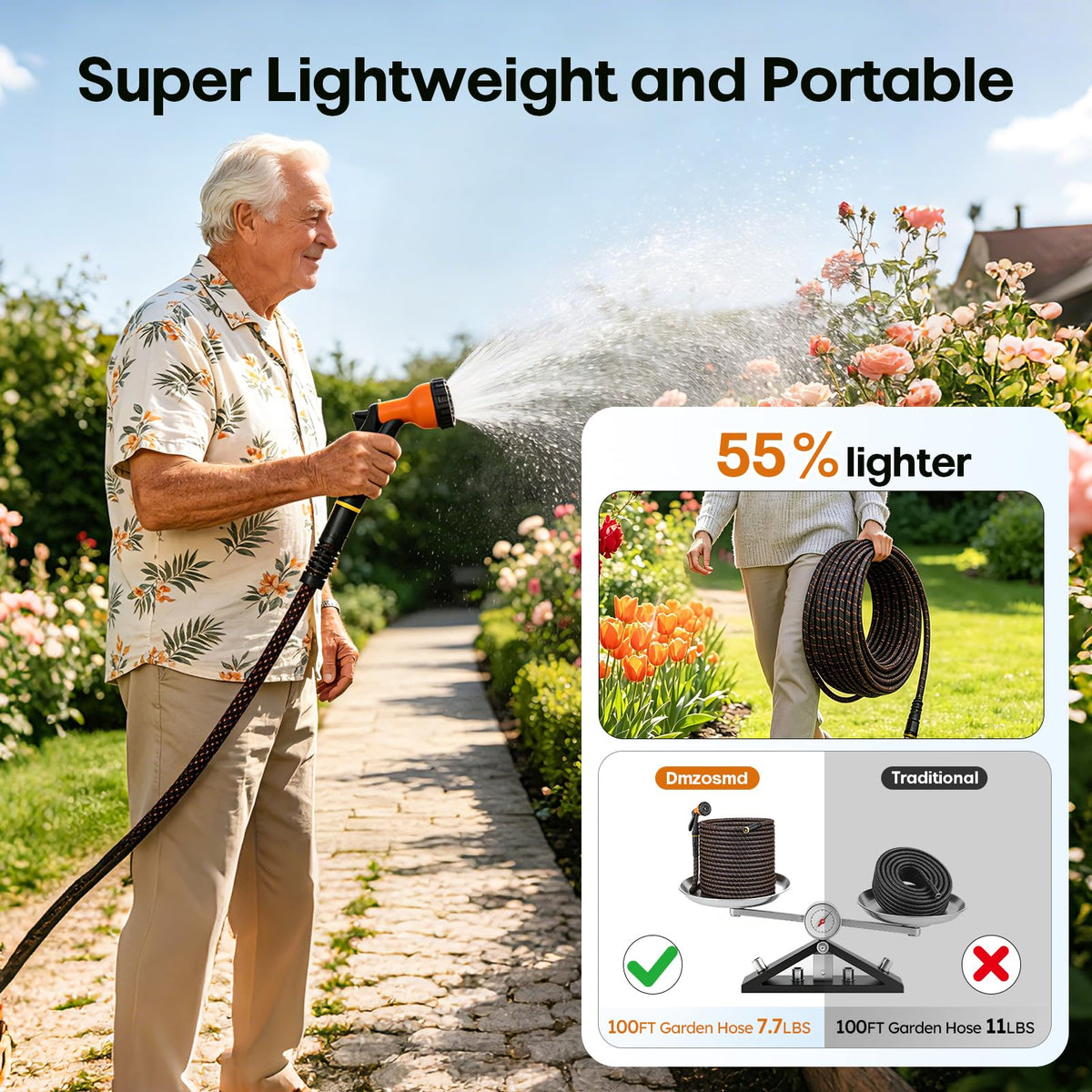 3/4" Flexible Non-Expandable Garden Hose with 10 Function Nozzle, 100ft O786