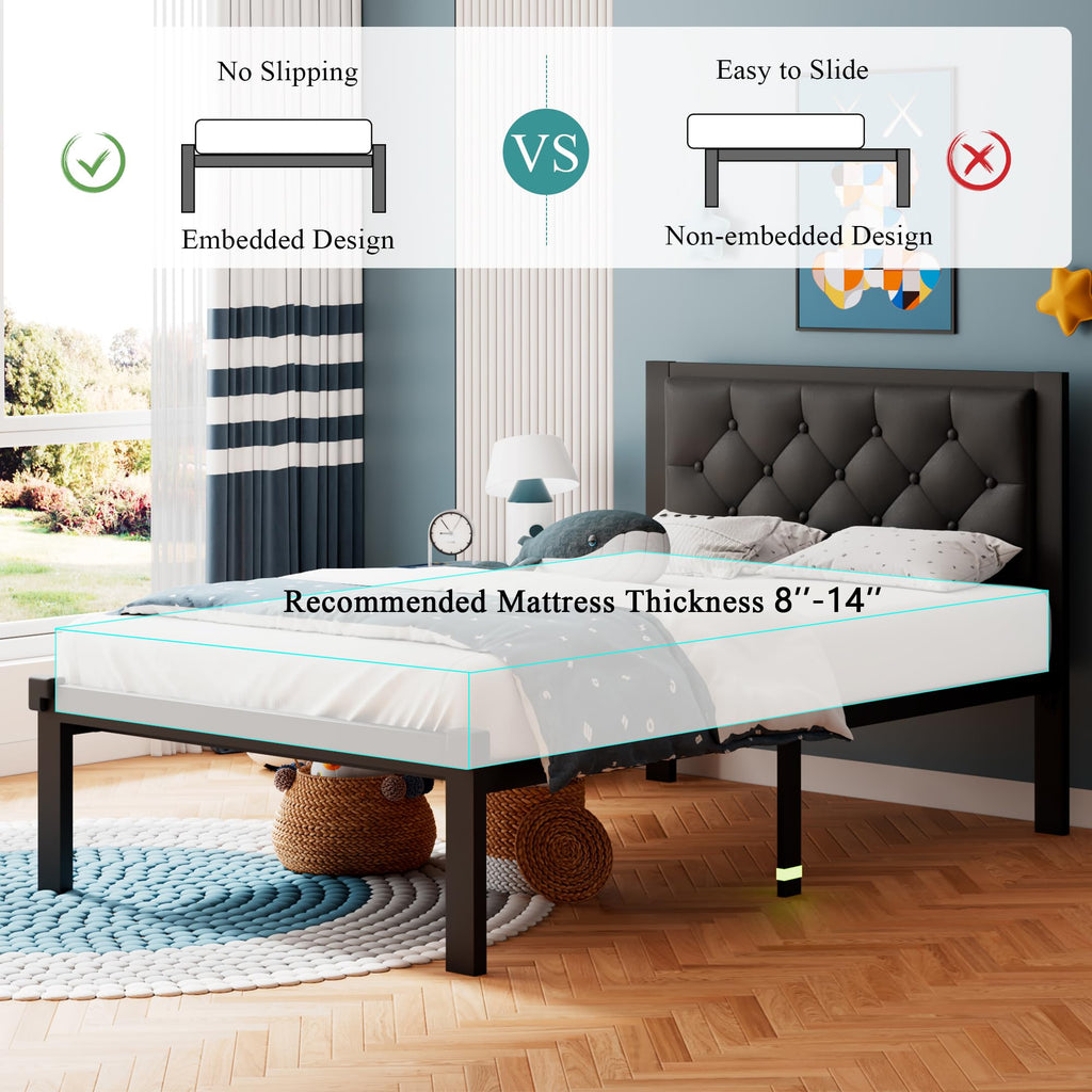 Twin Size Black Metal Platform Bed Frame with Faux Leather Button Tufted Headboard V63308