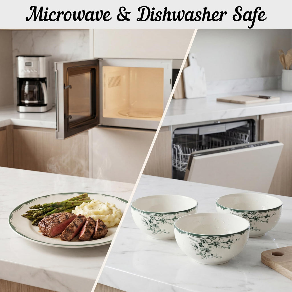 12-Piece Porcelain Dinnerware Set for 4, White & Sage Green Plates and Bowls Set P8416