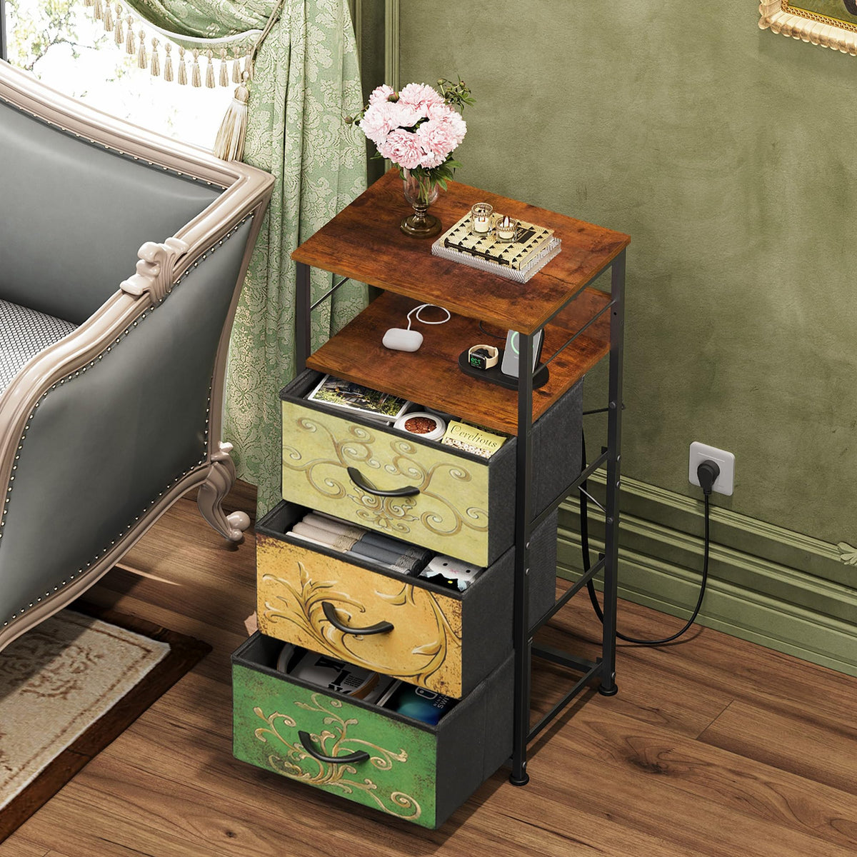 Night Stand with Charging Station, 3 Drawer Bedside Table Z9819