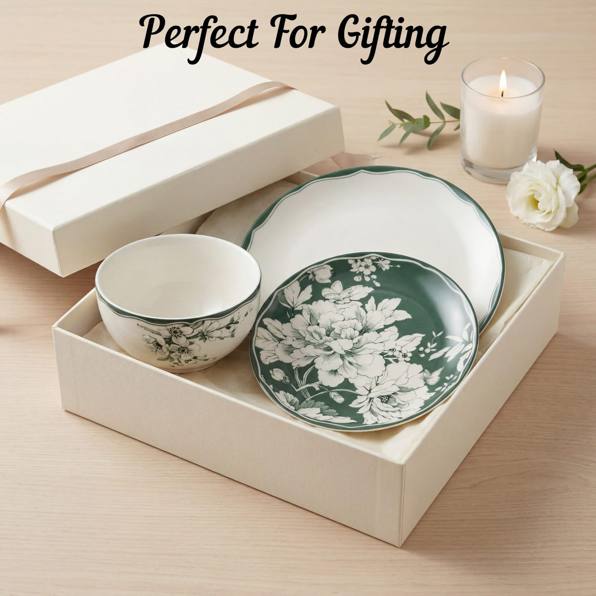 12-Piece Porcelain Dinnerware Set for 4, White & Sage Green Plates and Bowls Set P8416